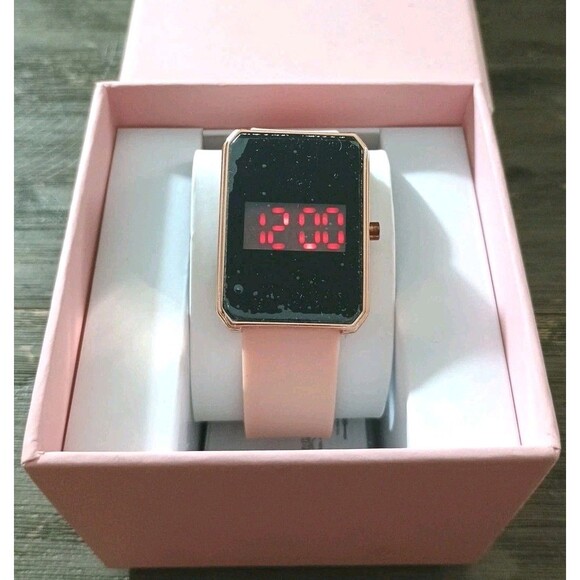 Accutime Pink Rubber Band Rose Gold Tone Touch Red LED Digital Quartz Watch New - Picture 1 of 5